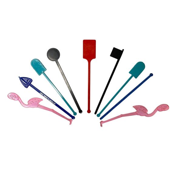 Lot of 9 Vintage Swizzle Sticks 6" Cocktail Bar Drink Stirrers Assorted Styles - Picture 3 of 3